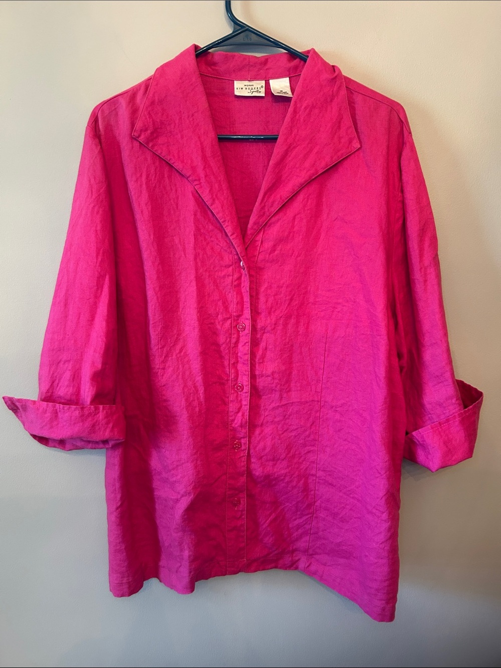 Kim Rogers Woman , Women’s Size 1X,  100% Linen Button Up Blouse, Pink